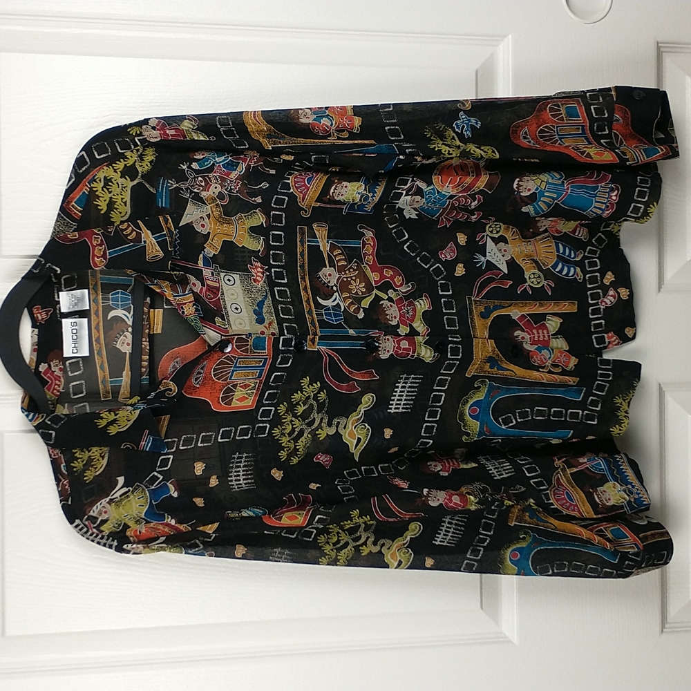 Vintage Chicos Sheer Silk Asian Oriental Button Down Long sleeve Shirt XL